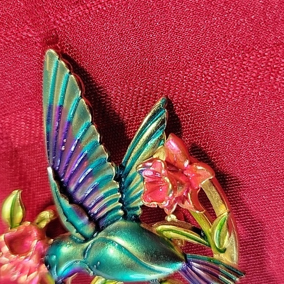 Vintage Enameled Hummingbird Pink Floral Brooch Pin - Picture 2 of 8
